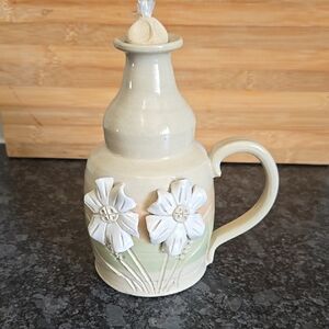 Handcrafted Studio Pottery Ceramic Oil Lantern Pitcher Vase Floral Design Signed
